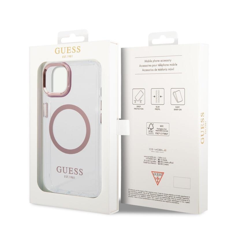 Guess translucent gelový obal s pevnými zády s MagSafe na iPhone 14 Plus - růžovozlatý