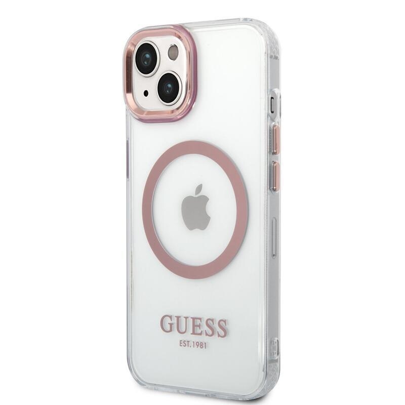 Guess translucent gelový obal s pevnými zády s MagSafe na iPhone 14 Plus - růžovozlatý