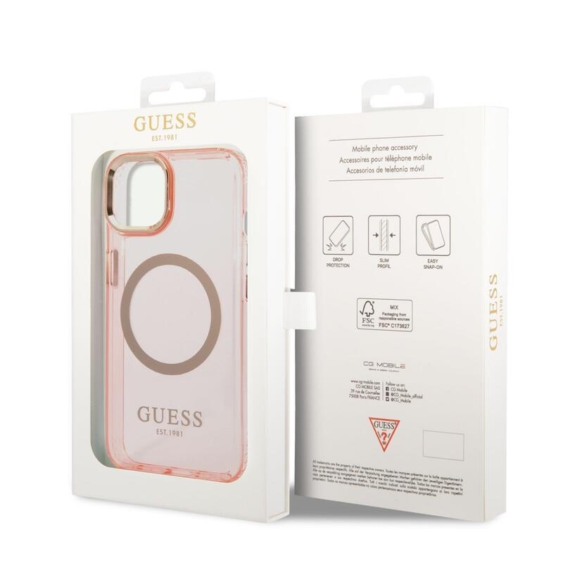 Guess translucent gelový obal s pevnými zády s MagSafe na iPhone 14 Plus - růžový