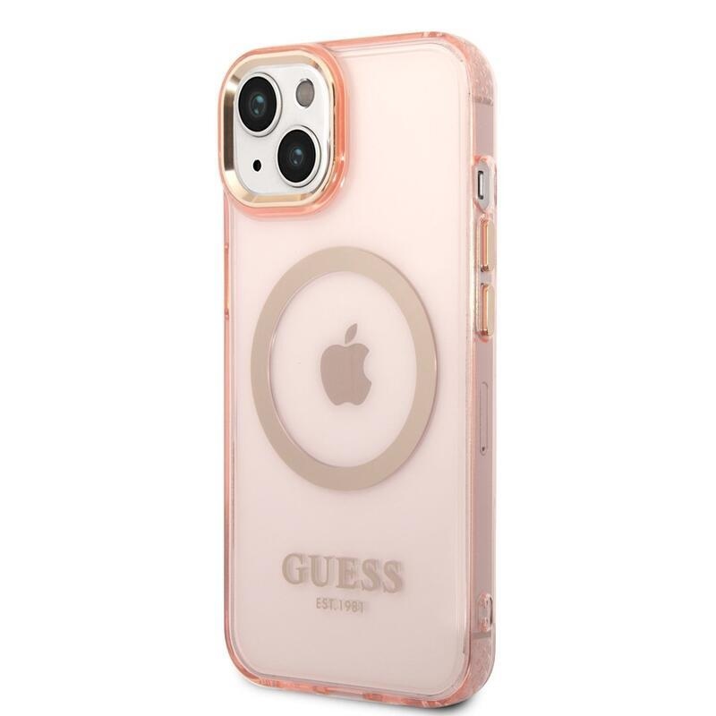 Guess translucent gelový obal s pevnými zády s MagSafe na iPhone 14 Plus - růžový