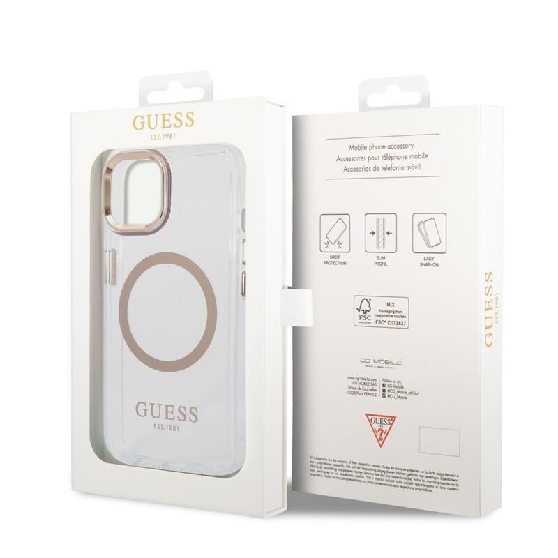 Guess translucent gelový obal s pevnými zády s MagSafe na iPhone 14 Plus - zlatý
