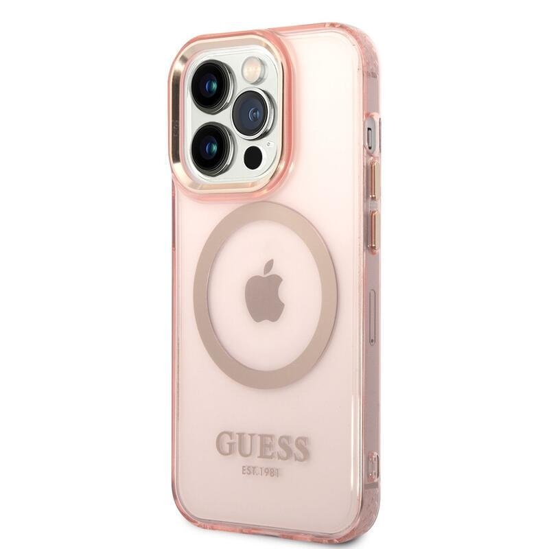 Guess translucent gelový obal s pevnými zády s MagSafe na iPhone 14 Pro Max - růžový