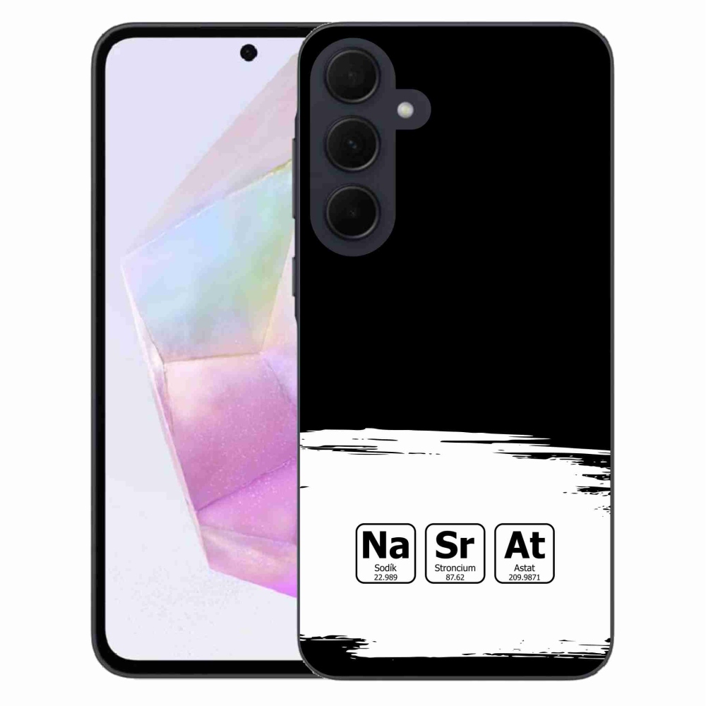 Gelový kryt mmCase na Samsung Galaxy A35 5G - chemické prvky bíločerné pozadí