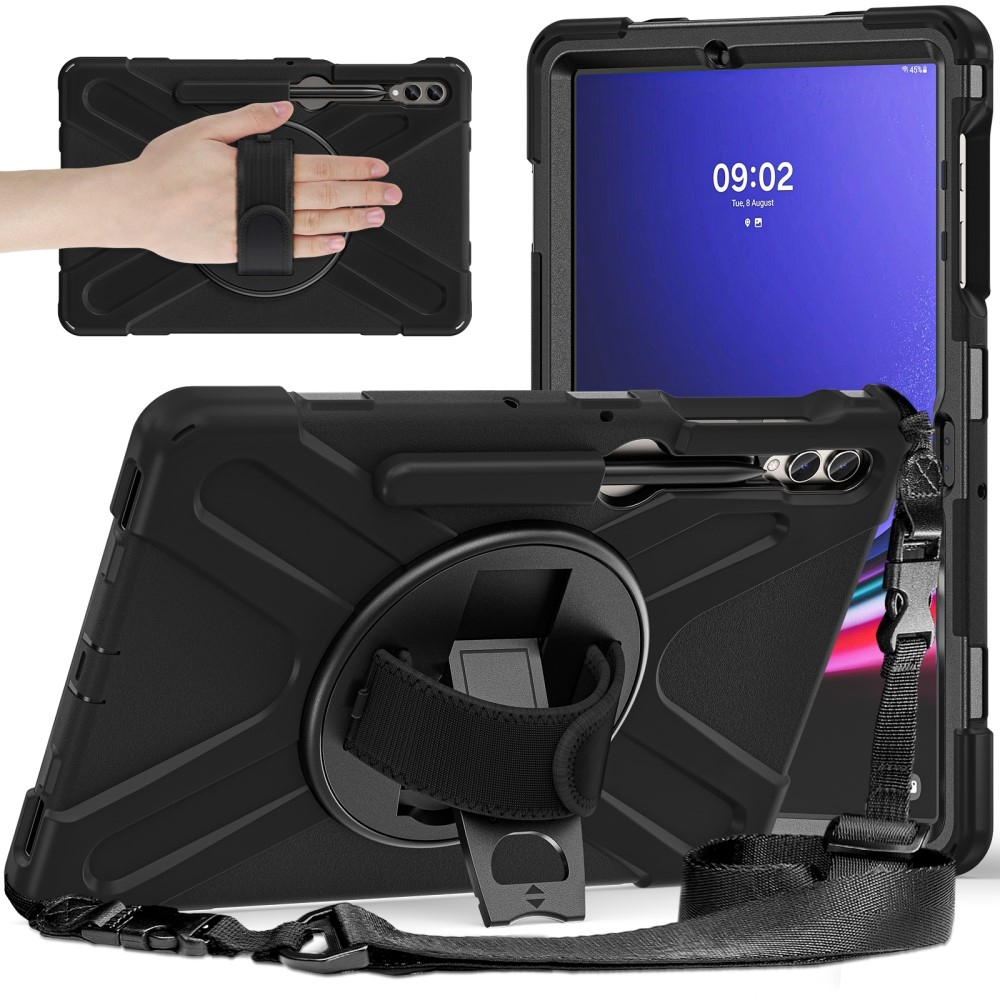 Strap odolný kryt s úchopem na ruku a popruhem na Samsung Galaxy Tab S10+/S9+/S9 FE+/S8+/S7+ - černý
