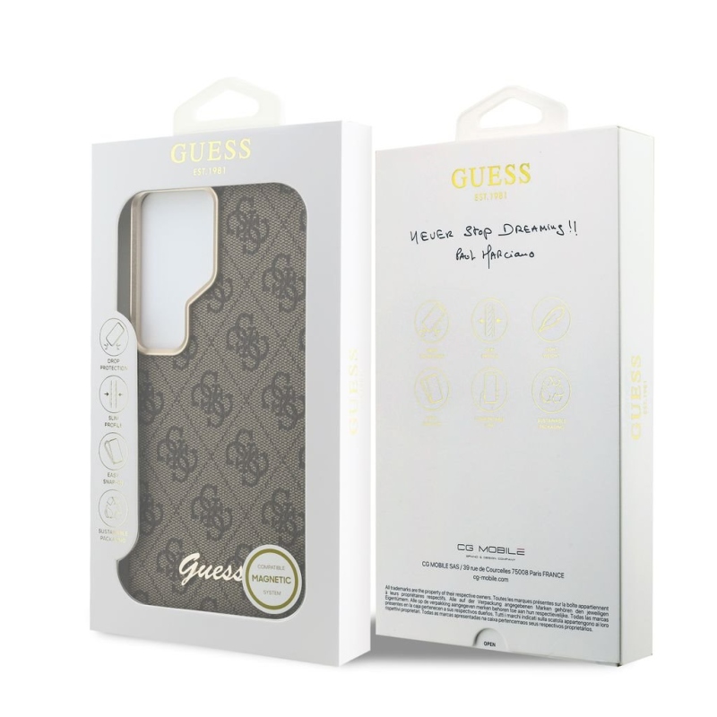 Guess PU 4G Script Metal Logo Magnetic Zadní Kryt pro Samsung Galaxy S26 Ultra Brown