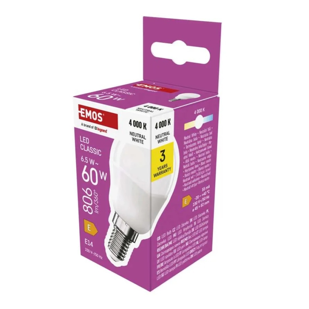 LED žárovka Classic Mini Globe / E14 / 6,5 W (60 W) / 806 lm / neutrální bílá