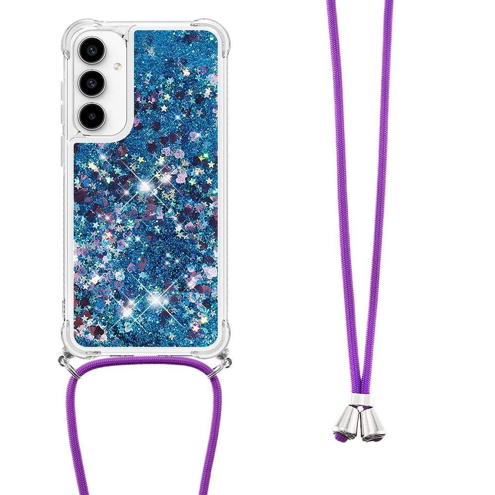 Glitters přesýpací gelový obal se šňůrkou na Samsung Galaxy A56 5G - modrý/srdíčka