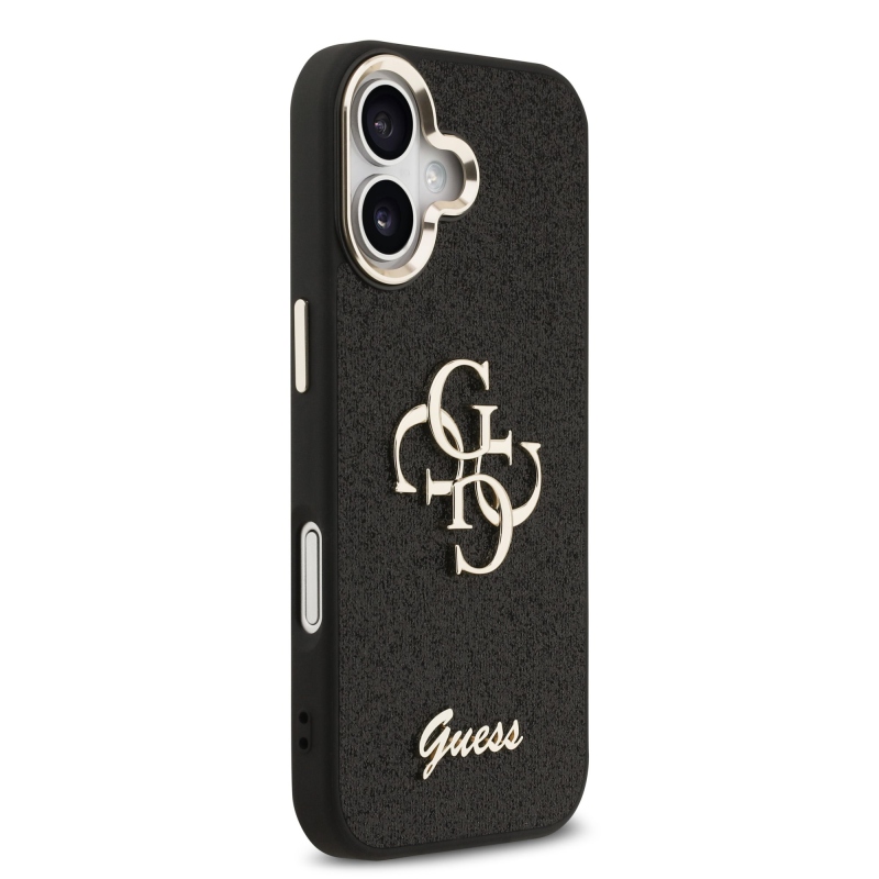 Guess PU Fixed Glitter 4G Metal Frame Zadní Kryt pro iPhone 17 Black