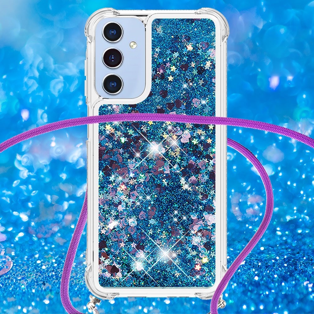 Glitters přesýpací gelový obal se šňůrkou na Samsung Galaxy A26 5G - modrý/srdíčka