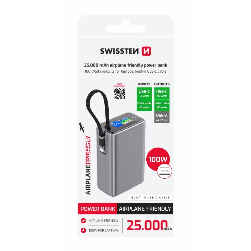 Swissten cestovní powerbanka 25000 mAh (96.25Wh) 100 W s integrovaným kabelem USB-C - šedá
