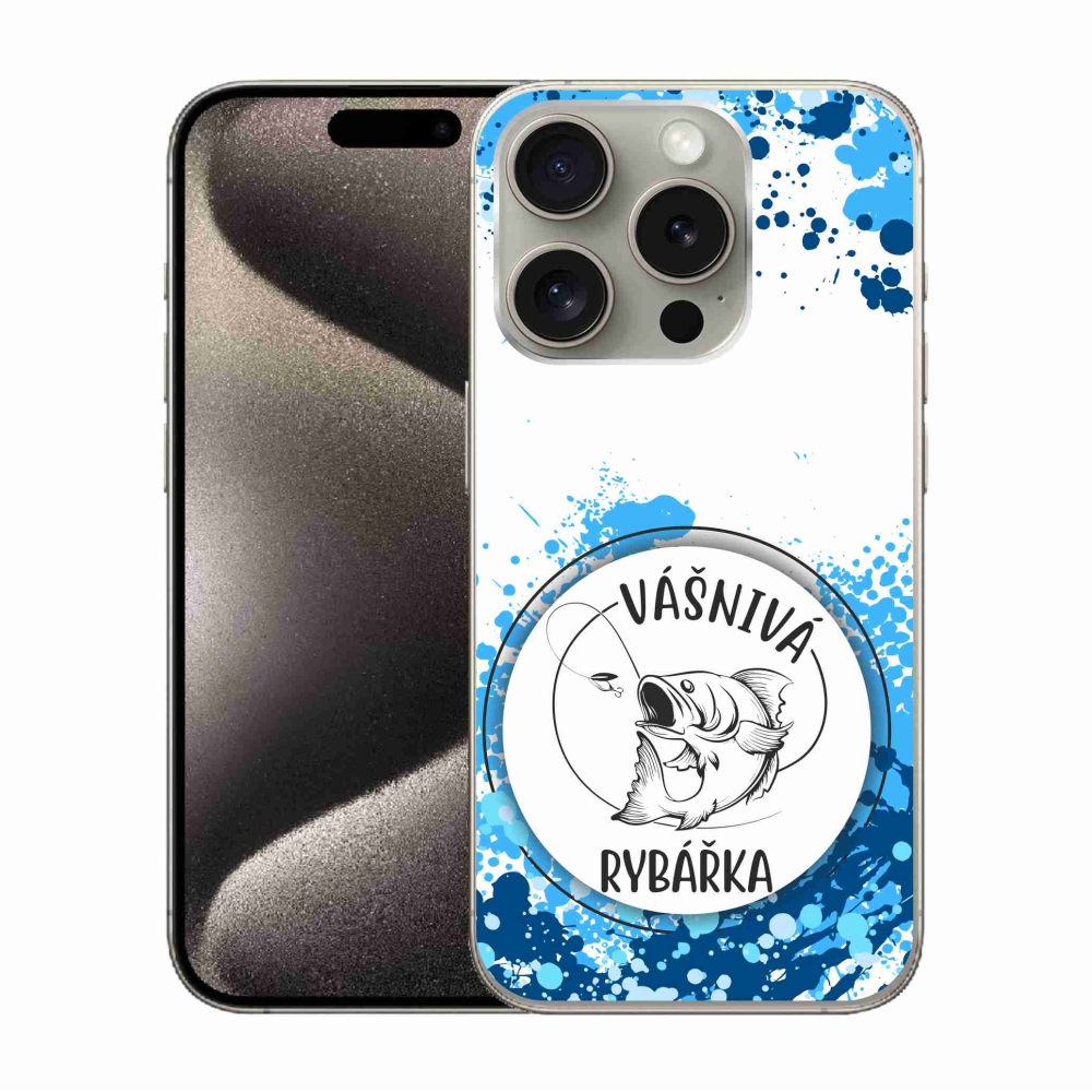 Gelový kryt mmCase na iPhone 15 Pro - vášnivá rybářka bílé pozadí