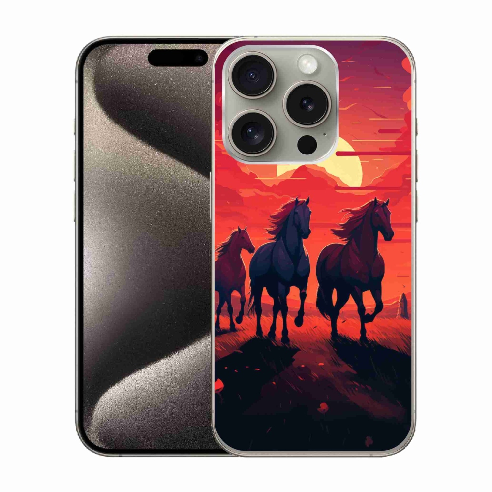 Gelový kryt mmCase na iPhone 15 Pro - koně a západ slunce