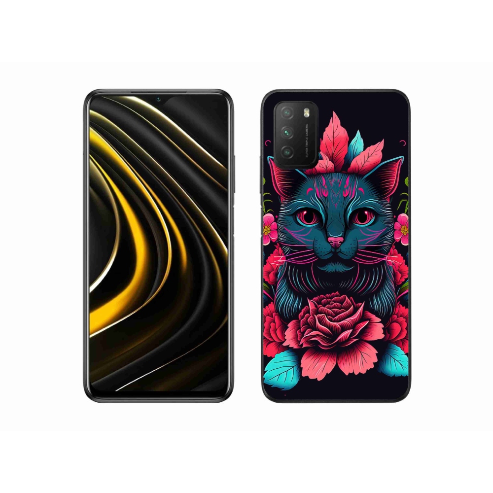 Gelový kryt mmCase na Xiaomi Poco M3 - květiny a kočka