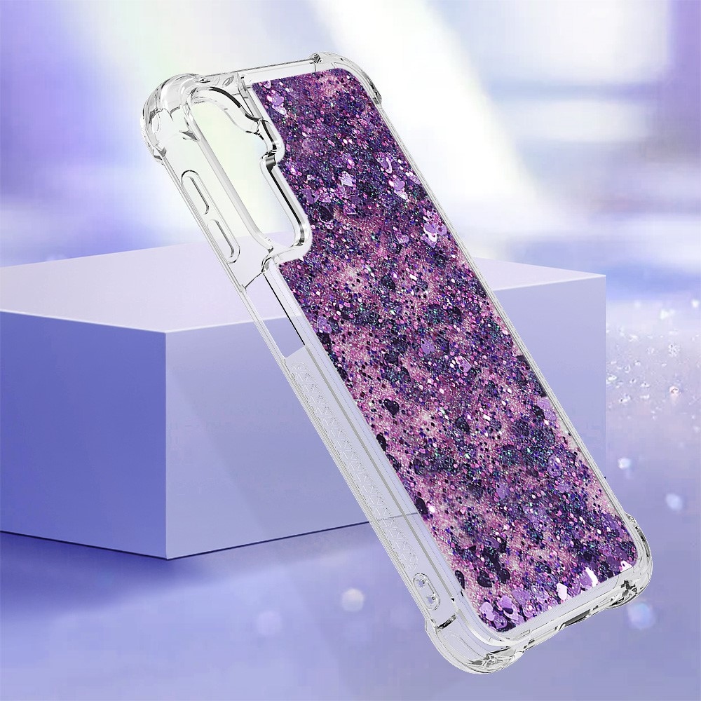 Glitter přesýpací gelový obal na Samsung Galaxy A24 - tmavěfialový/srdíčka	