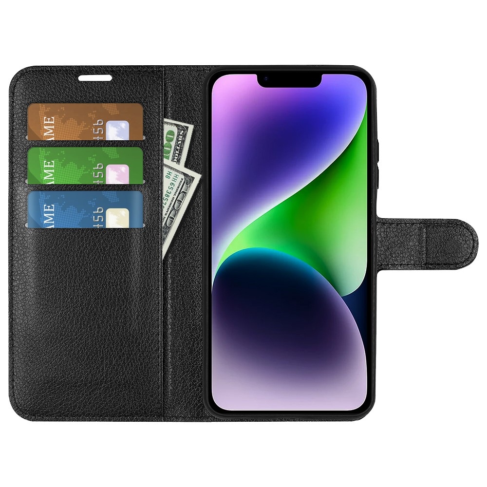Litchi knížkové pouzdro na iPhone 15 Plus - černé
