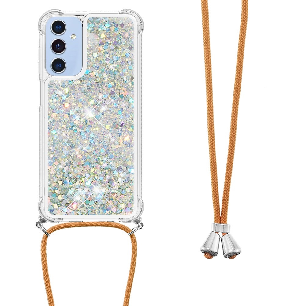 Glitters přesýpací gelový obal se šňůrkou na Samsung Galaxy A26 5G - stříbrný/srdíčka