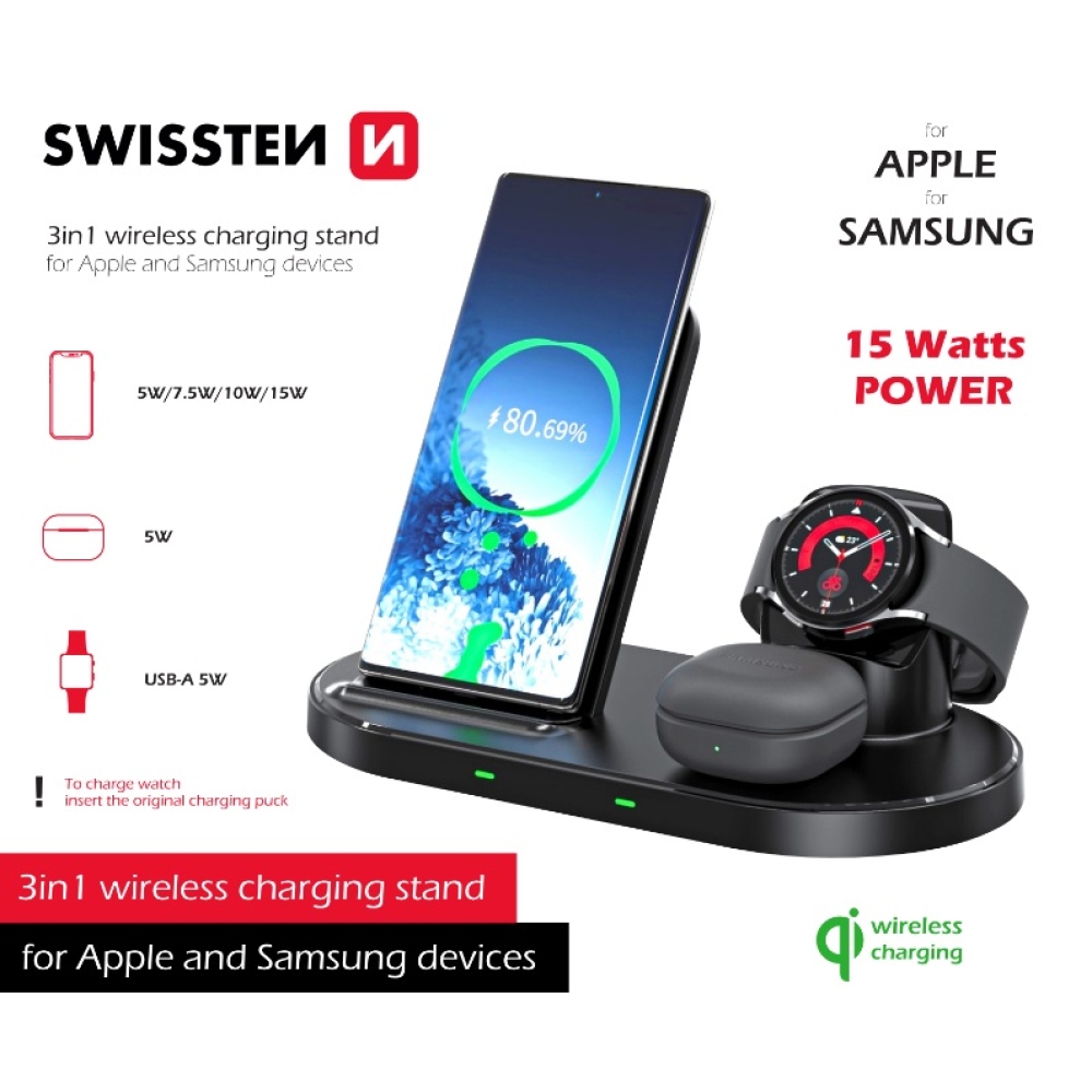 Bezdrátová nabíječka Swissten 3v1 station pro Apple a Samsung - černá