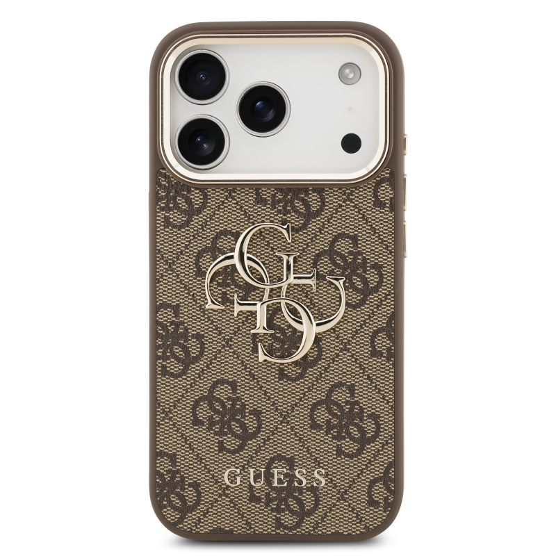 Guess PU Leather 4G Metal Logo Gold Frame Zadní Kryt pro iPhone 17 Pro Brown