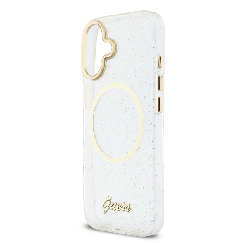 Guess IML Glitter Script Strap MagSafe Zadní Kryt pro iPhone 17 Transparent