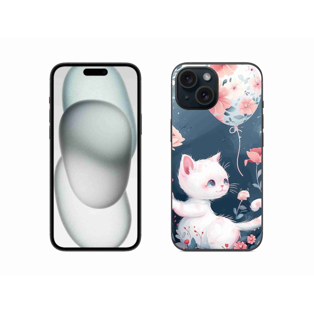 Gelový kryt mmCase na iPhone 15 - kotě s balónkem