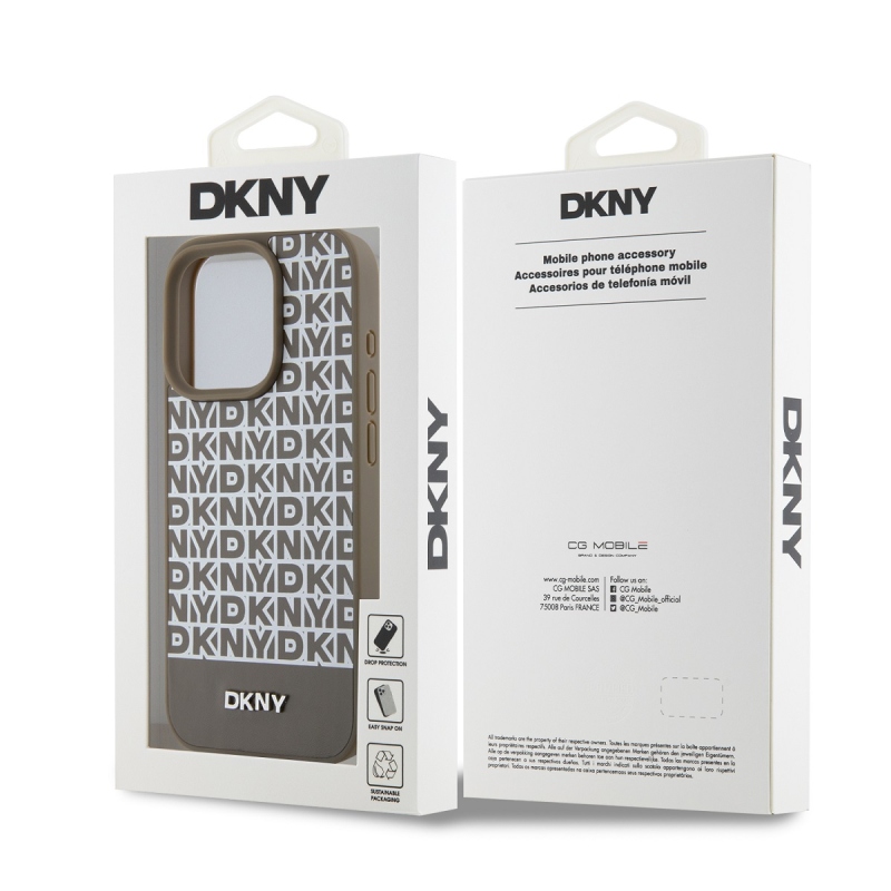 DKNY PU Leather Repeat Pattern Bottom Stripe MagSafe Zadní Kryt pro iPhone 13 Pro Brown