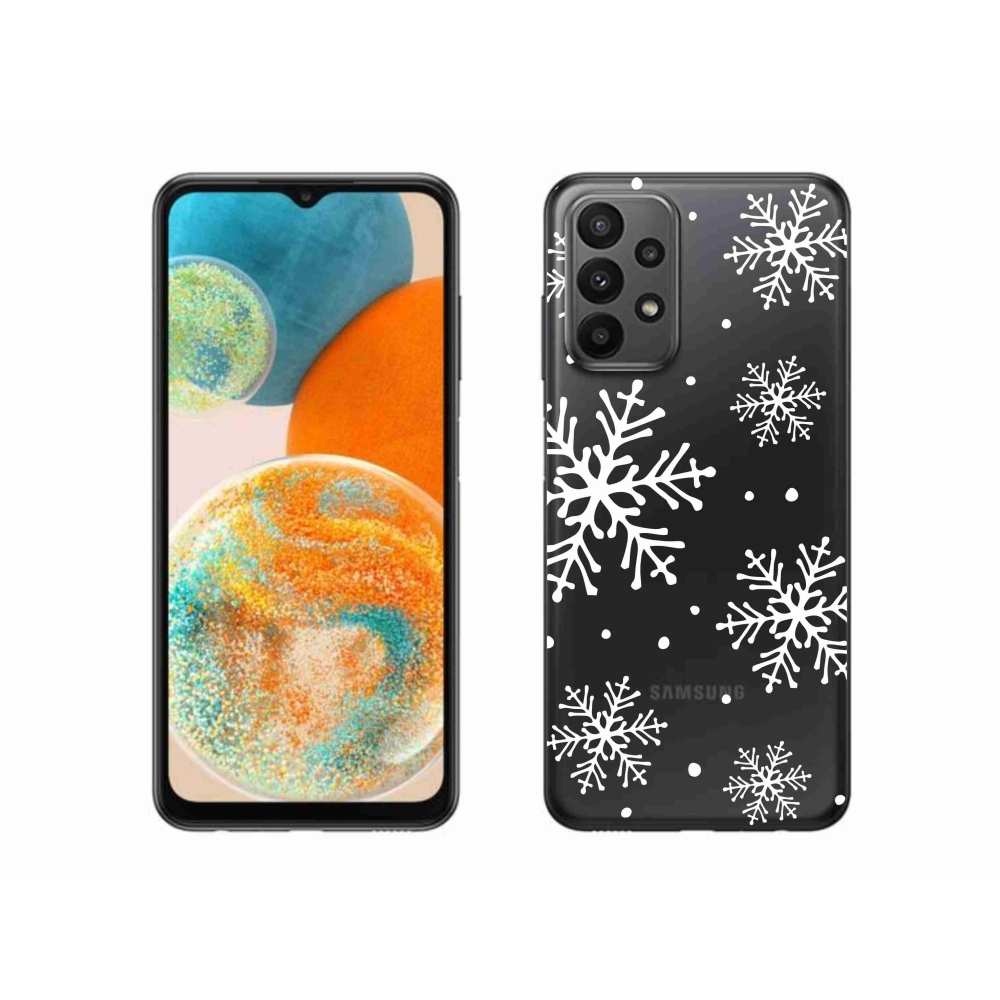 Gelový kryt mmCase na Samsung Galaxy A23 4G/5G - bílé vločky na průhledném pozadí
