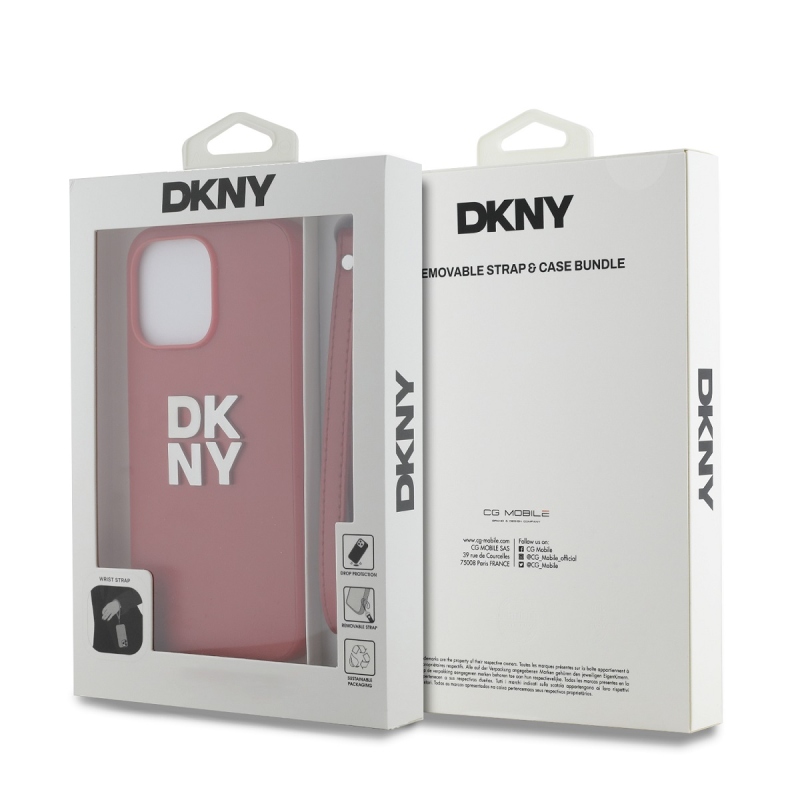 DKNY PU Leather Stack Logo Wrist Strap Zadní Kryt pro iPhone 14 Pro Max Red