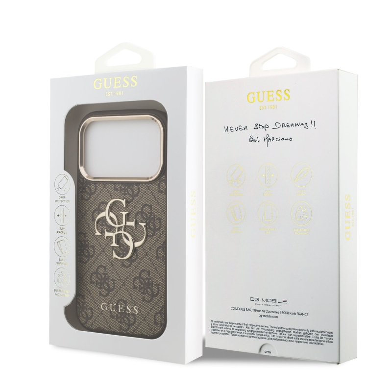 Guess PU Leather 4G Metal Logo Gold Frame Zadní Kryt pro iPhone 17 Pro Brown