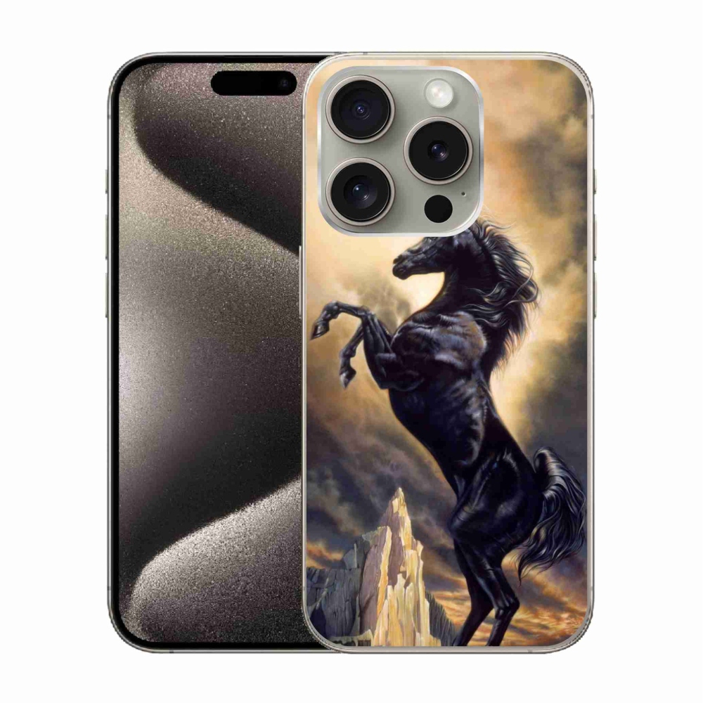 Gelový kryt mmCase na iPhone 15 Pro - černý kreslený kůň