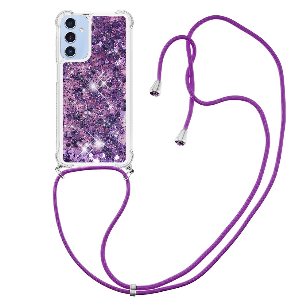 Glitters přesýpací gelový obal se šňůrkou na Samsung Galaxy A26 5G - tmavěfialový/srdíčka