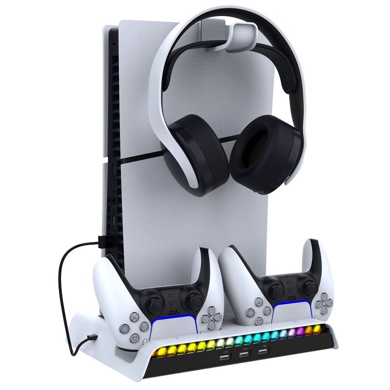 iPega P5S006 Multifunkční Nabíjecí RGB Stojan s Chlazením pro PS5 Slim White