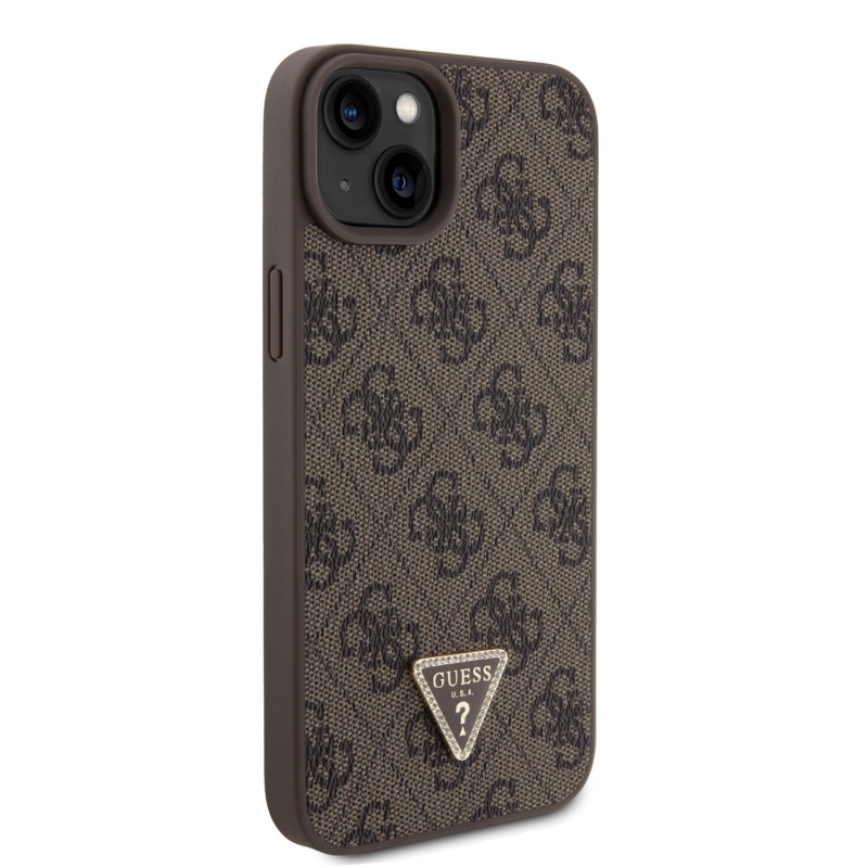 Guess PU 4G Strass Triangle Metal Logo Zadní Kryt + Crossbody Popruh pro iPhone 15 Plus Brown