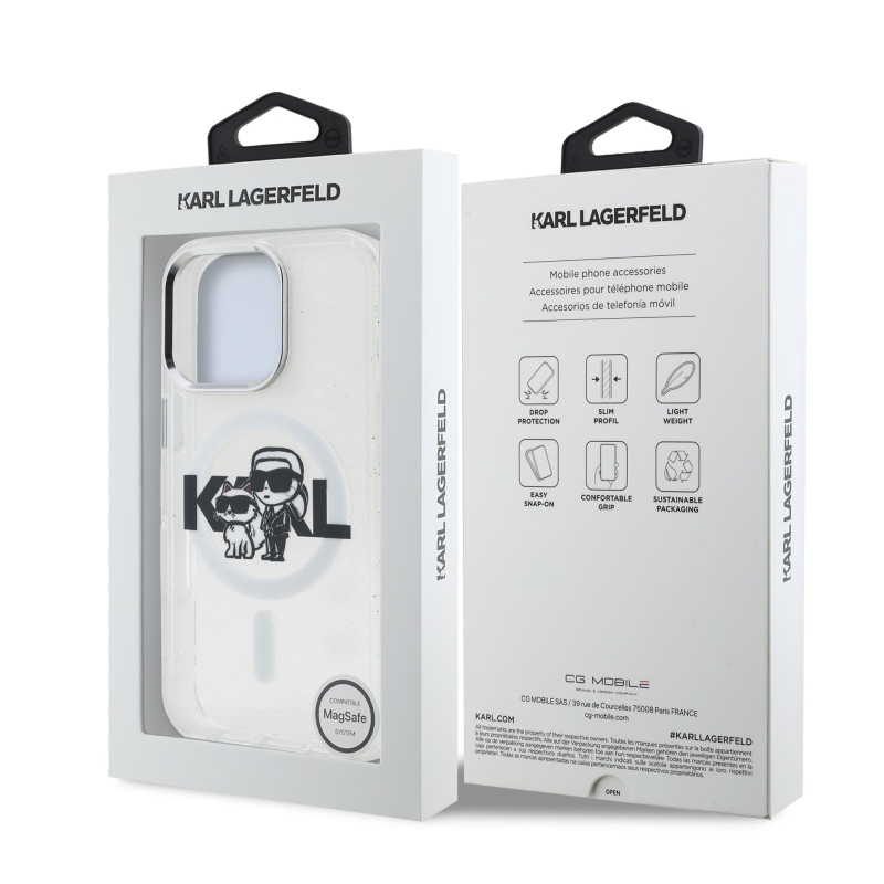 Karl Lagerfeld IML Glitter Karl and Choupette Sketch MagSafe Zadní Kryt pro iPhone 16 Pro Transparent