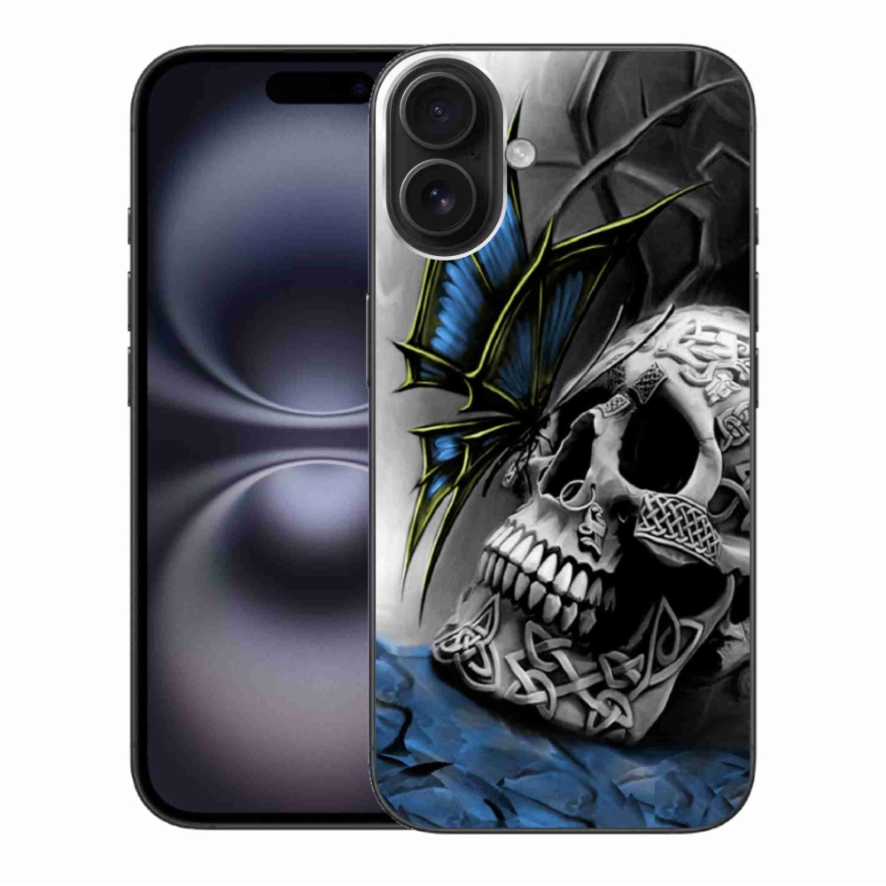 Gelový kryt mmCase na iPhone 16 Plus - motýl a lebka