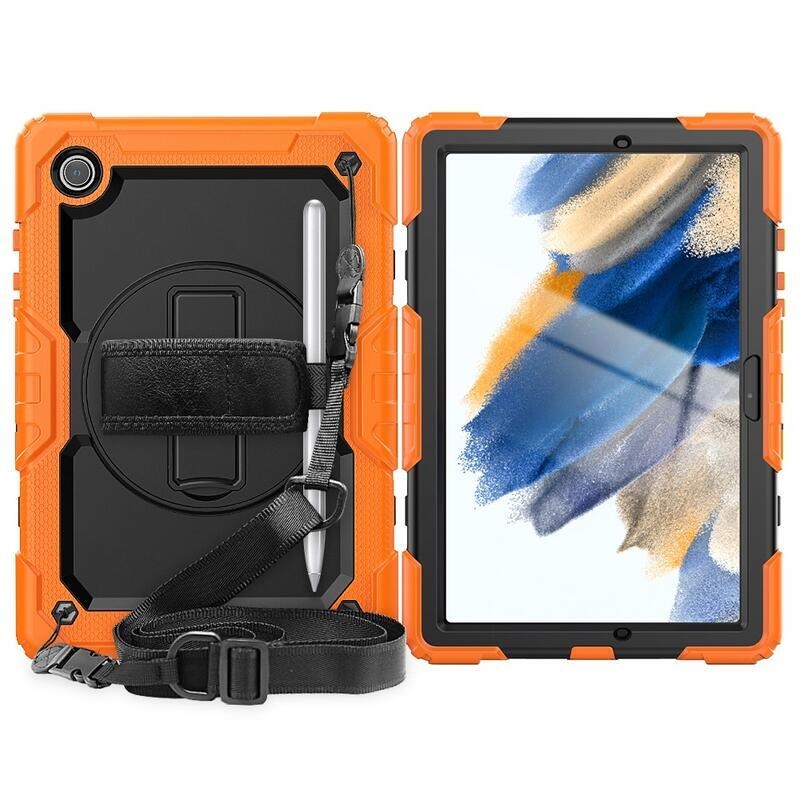 Honey hybridní odolný kryt s popruhem a držákem na ruku pro tablet Samsung Galaxy Tab A8 10.5 (2021) - černý/oranžový