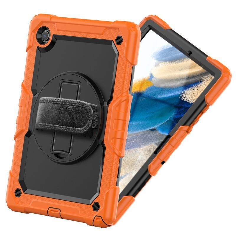 Honey hybridní odolný kryt s popruhem a držákem na ruku pro tablet Samsung Galaxy Tab A8 10.5 (2021) - černý/oranžový