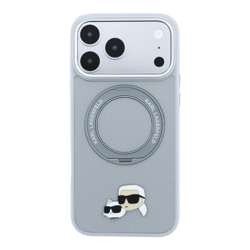 Karl Lagerfeld PU Grained K&CH Heads Ring Stand Magsafe Zadní Kryt pro iPhone 18 Pro Max Grey