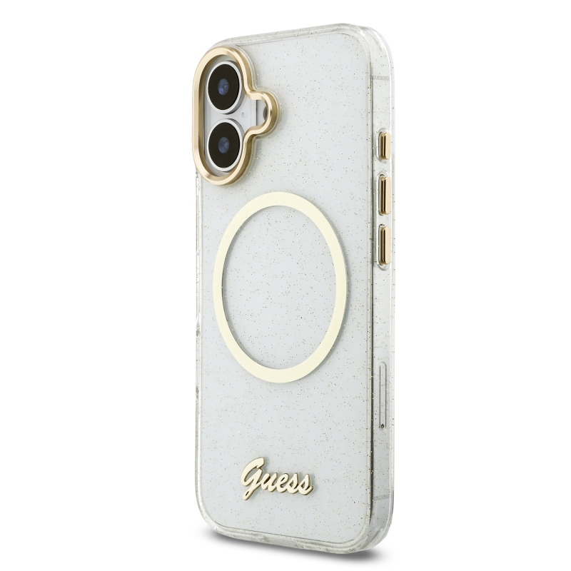 Guess IML Glitter Script Strap MagSafe Zadní Kryt pro iPhone 17 Transparent