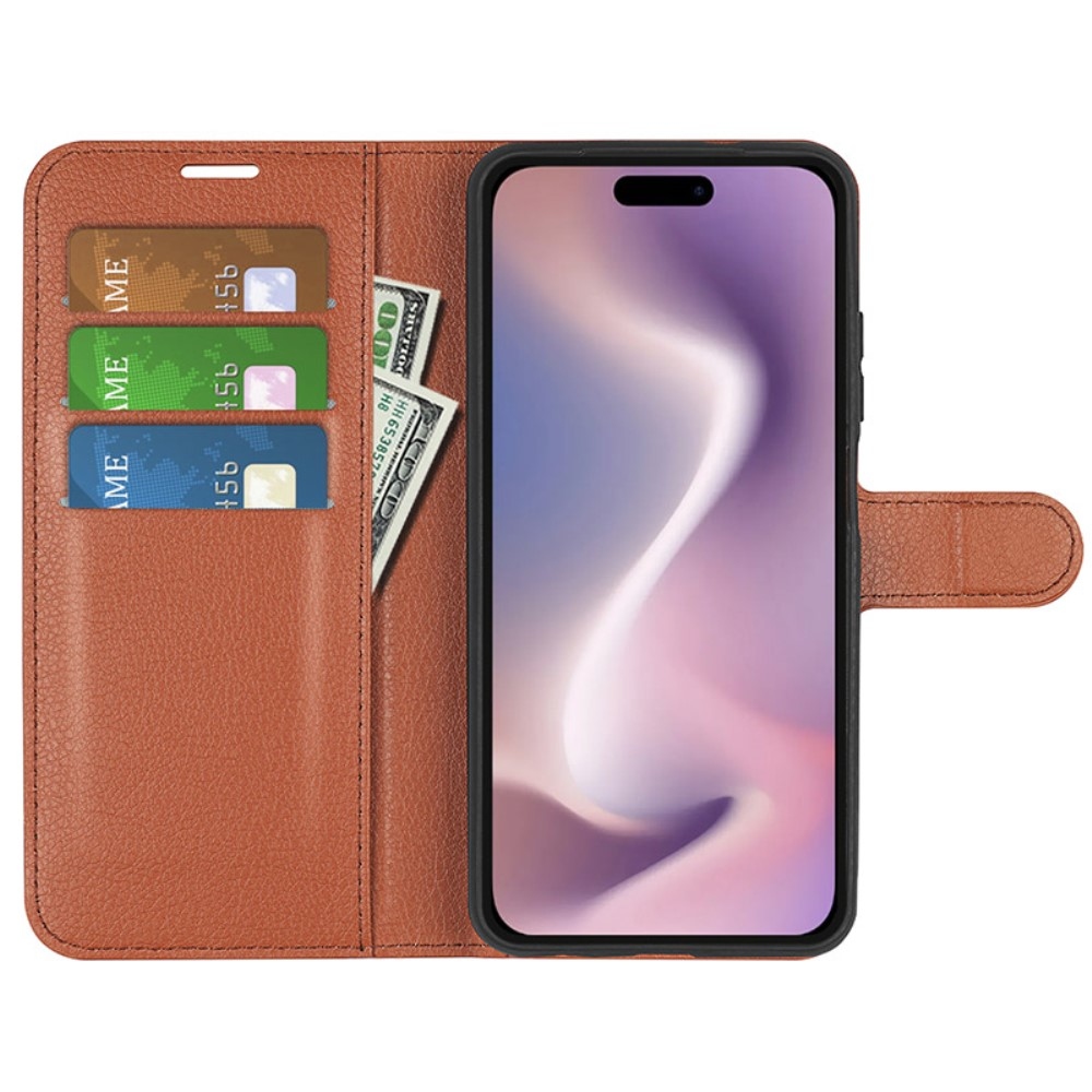Litchi knížkové pouzdro na iPhone 16 - hnědé