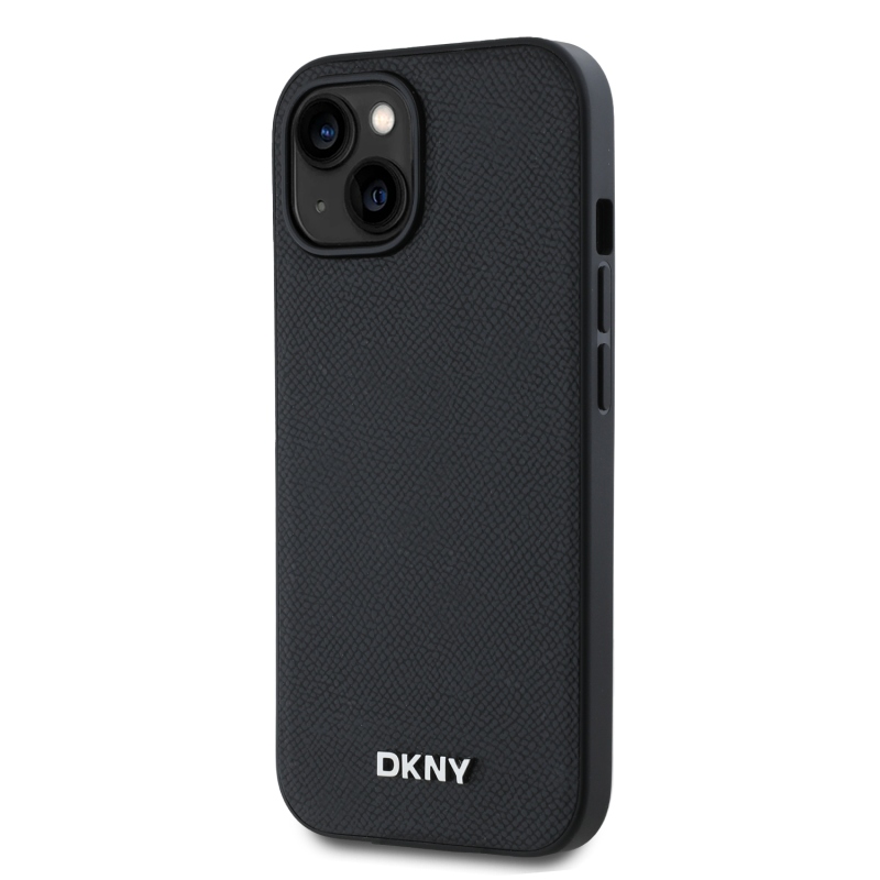 DKNY PU Leather Silver Metal Logo Magsafe Zadní Kryt pro iPhone 13 Black