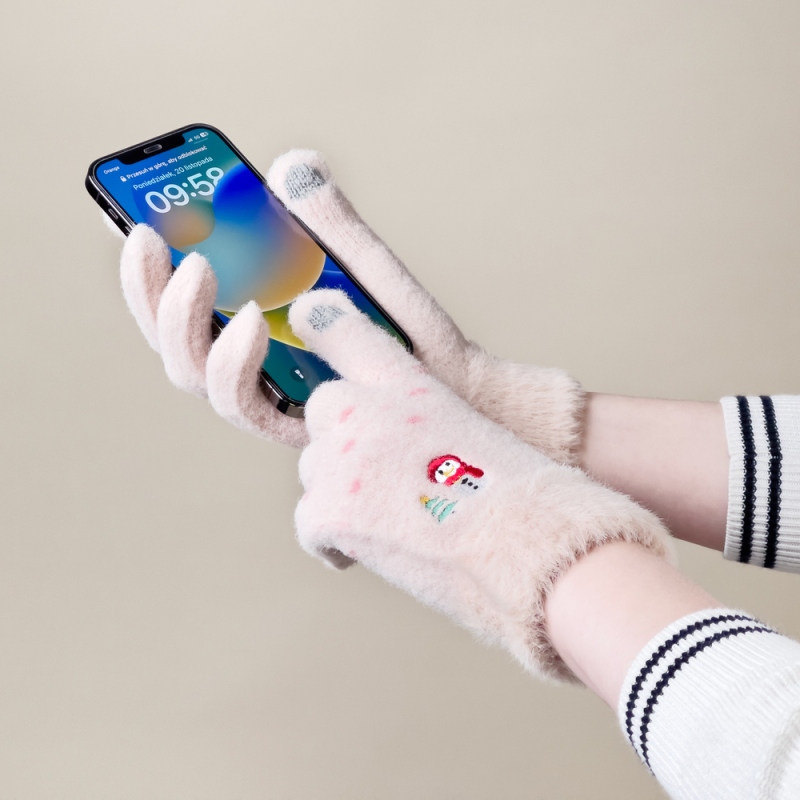 Dámské zimní rukavice s otvorem pro telefon, se sněhulákem a vánočním stromkem – béžové