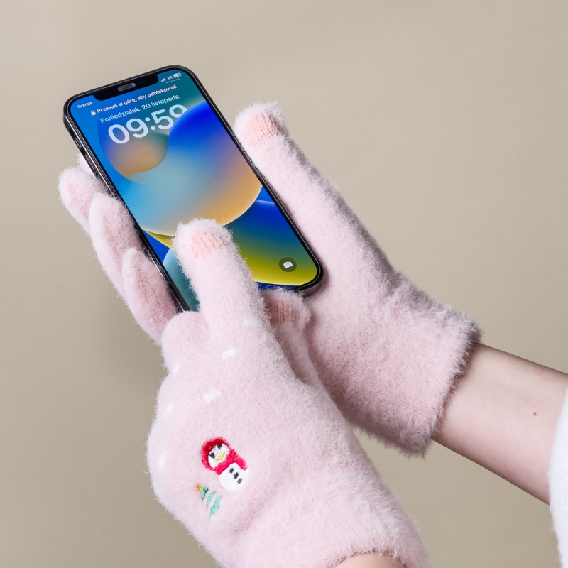Dámské zimní rukavice s otvorem pro telefon, se sněhulákem a vánočním stromečkem – růžové
