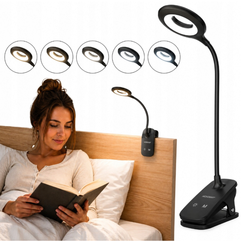 Bezdrátová LED lampa na čtení Mini Wozinsky s klipem + kabel USB-C – černá