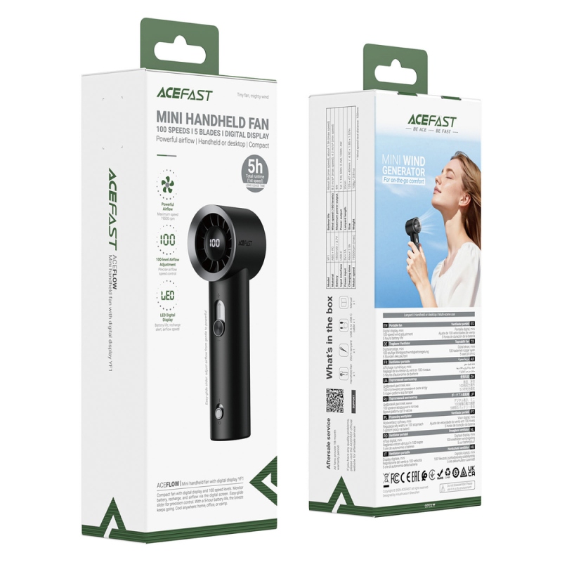 Ruční ventilátor Acefast YF1 Mini s LED displejem a plynulým nastavením proudu vzduchu – černý