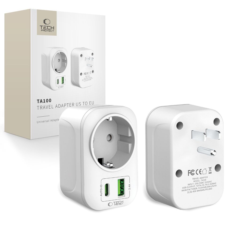 Tech-Protect TA100 cestovní adaptér EU na US s USB-C a USB-A