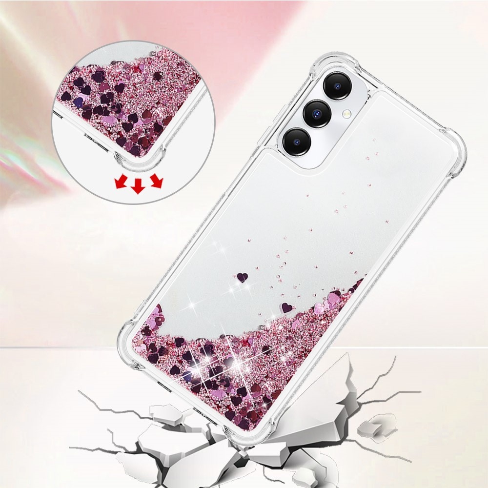 Glitter gelový přesýpací obal na Samsung Galaxy A05s - růžovozlatý/srdíčka