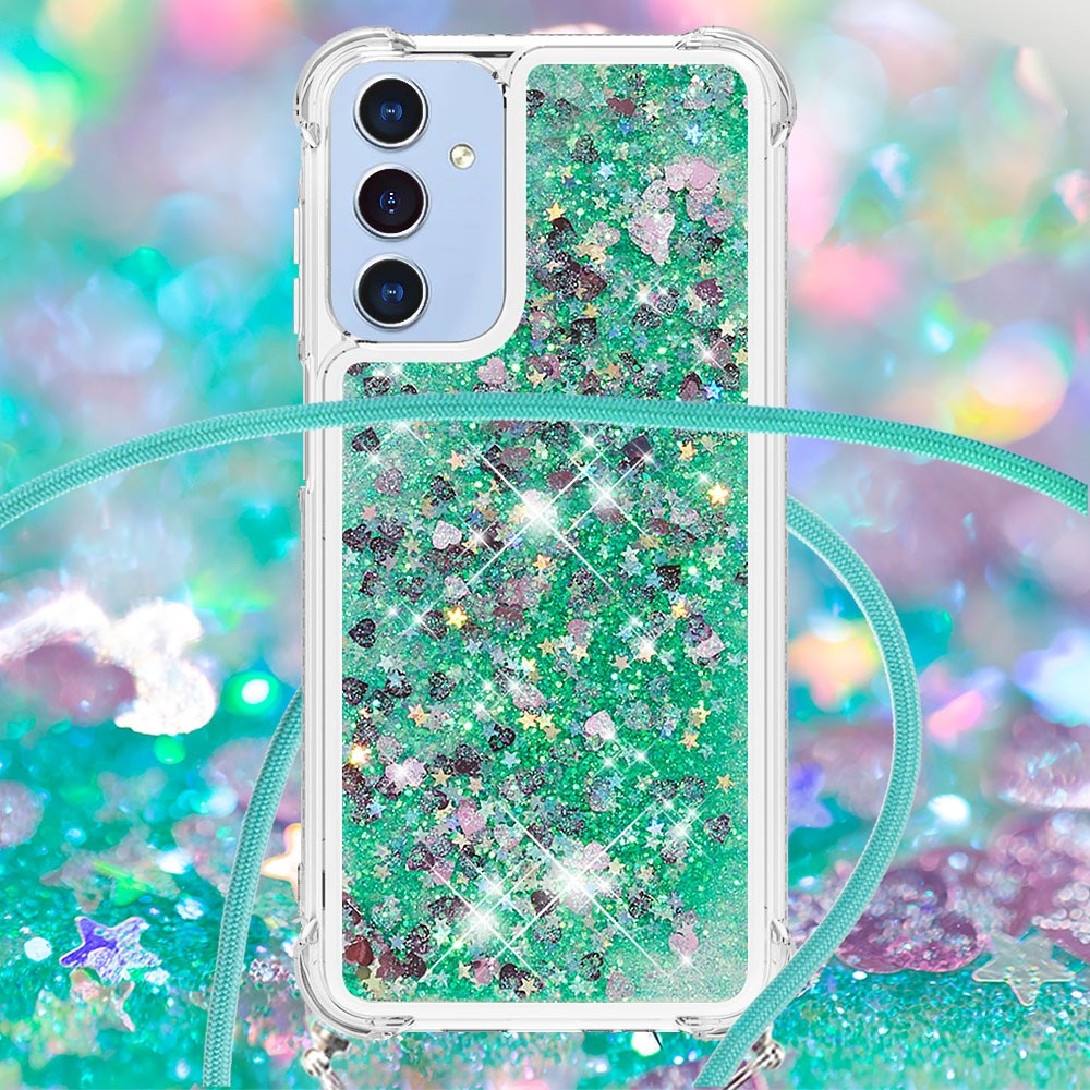 Glitters přesýpací gelový obal se šňůrkou na Samsung Galaxy A26 5G - zelený/srdíčka
