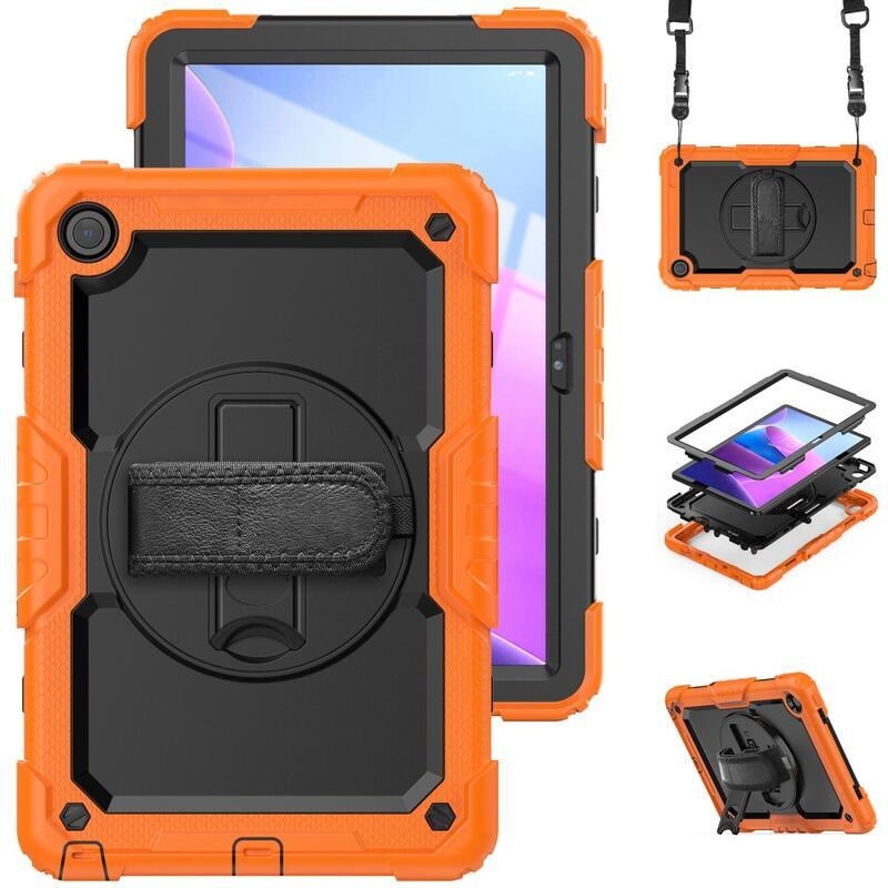 Hybridní pouzdro s držákem na ruku a ramenním popruhem na tablet Lenovo Tab M10 Plus (3. Gen) - oranžové
