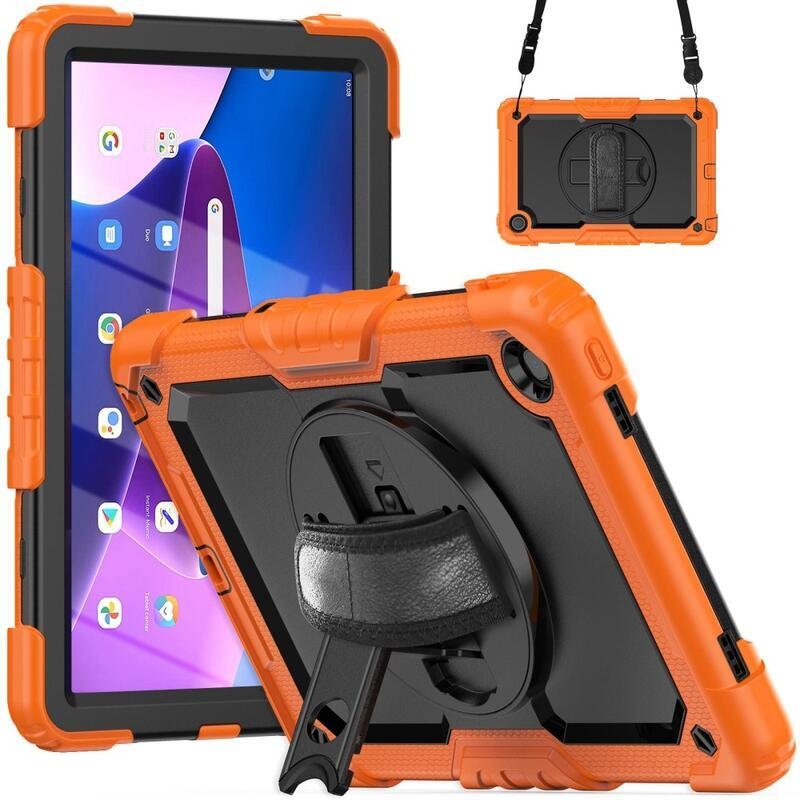 Hybridní pouzdro s držákem na ruku a ramenním popruhem na tablet Lenovo Tab M10 Plus (3. Gen) - oranžové