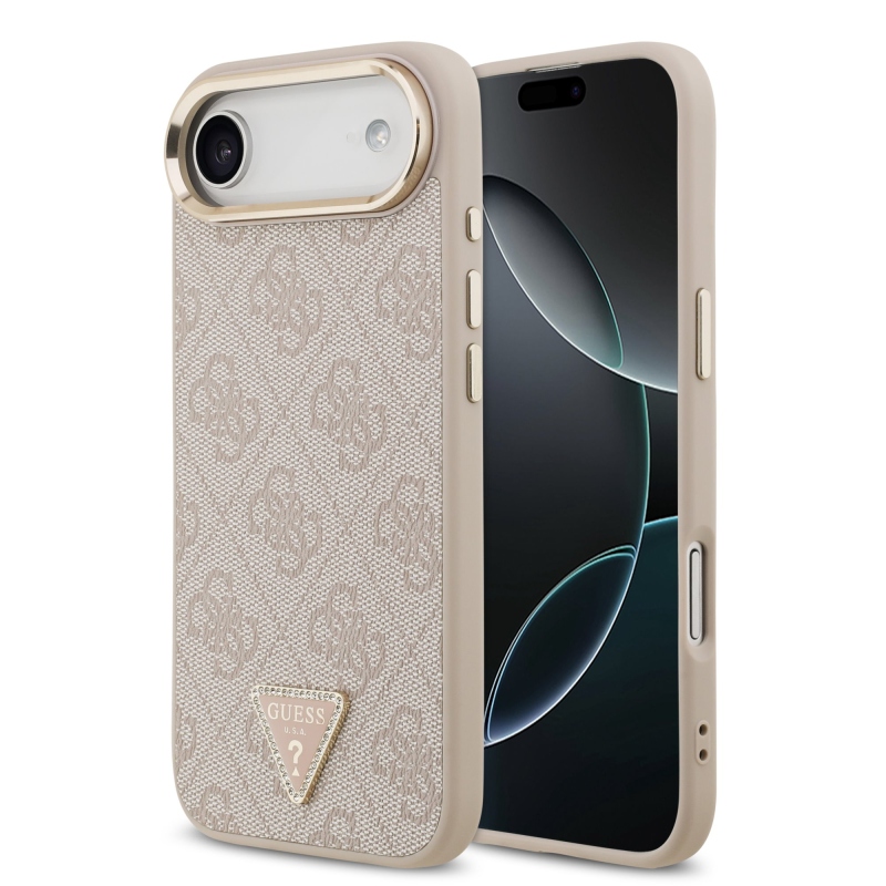 Guess PU Leather 4G Strass Triangle Logo Gold Frame MagSafe Zadní Kryt pro iPhone Air Pink